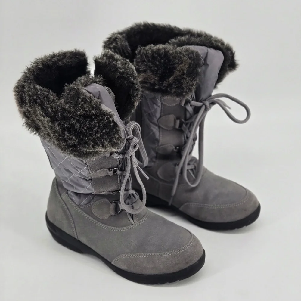 Lands' End Grey Suede Quilted Faux Fur Winter Snow Boots Comfort Shoes 6 VGUC