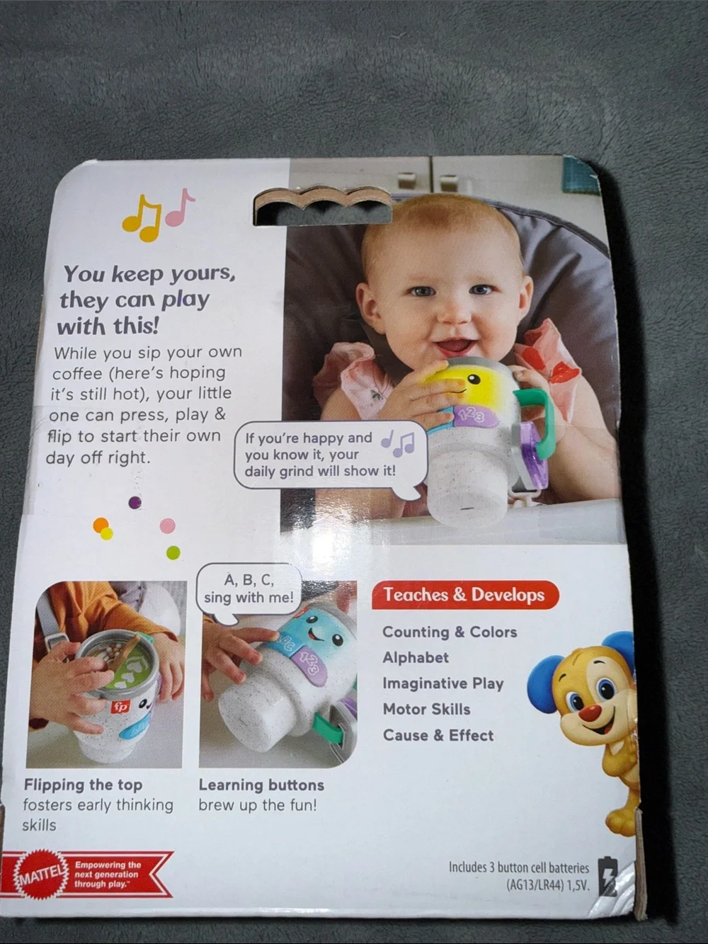 Fisher-Price Laugh & Learn Light-Up Learning Mug in Blue, Purple, Teal, Gray