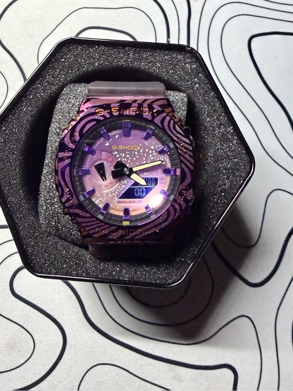 G-Shock Purple Zebra-Pattern Digital-Analog Watch with Gold Accents