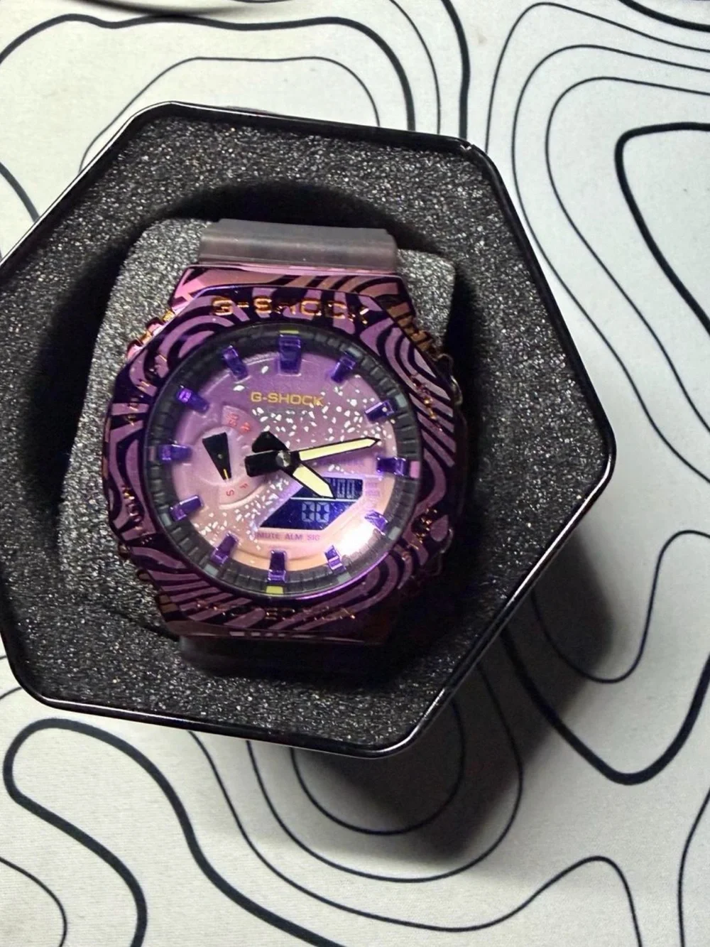 G-Shock Purple Zebra-Pattern Digital-Analog Watch with Gold Accents