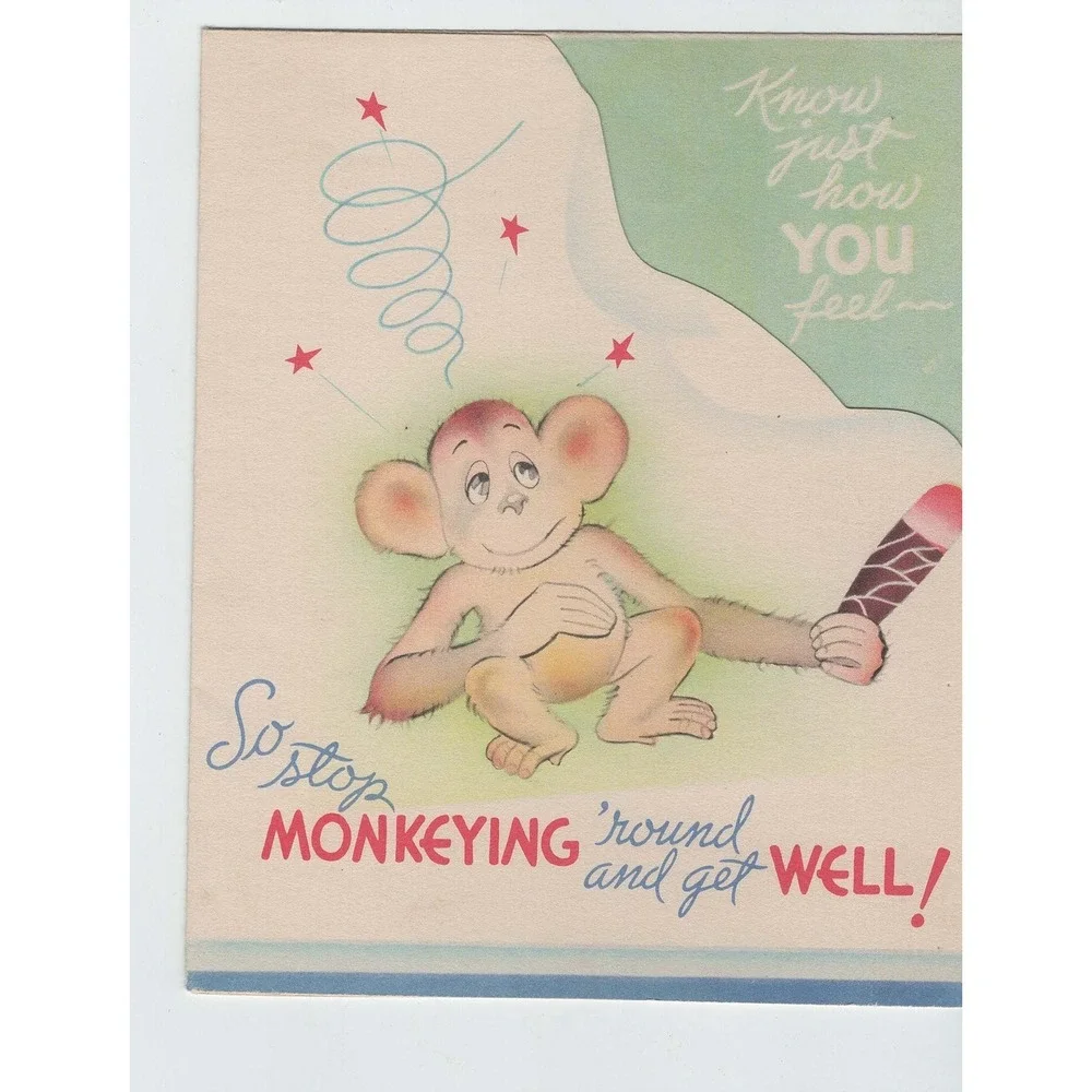 Vintage 1950s Get Well Card Monkey Die Cut Mid Century Used Signed