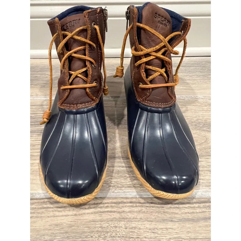 Sperry Saltwater Duck Boots Womens Navy Brown Leather Waterproof Sz 8.5