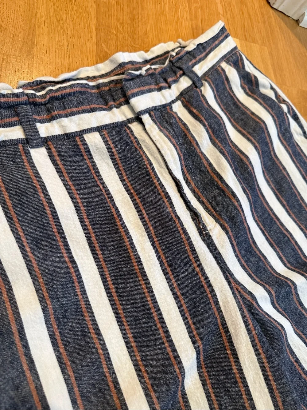 Striped High-Waist Linen Blend Pants in Navy, White & Rust