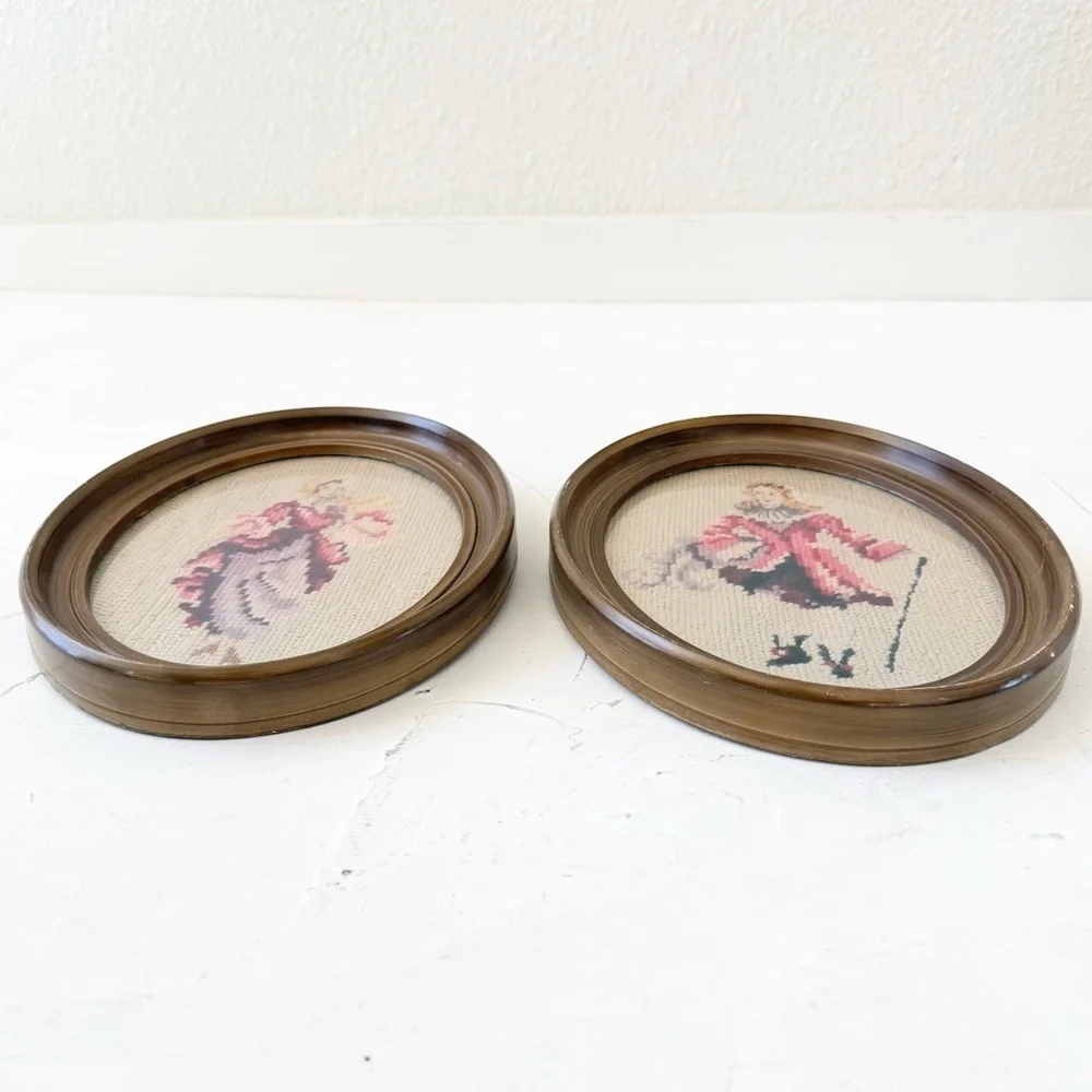 Vintage Victorian Needleworks Wall Decor Cross Stitch Embroidery Set of 2