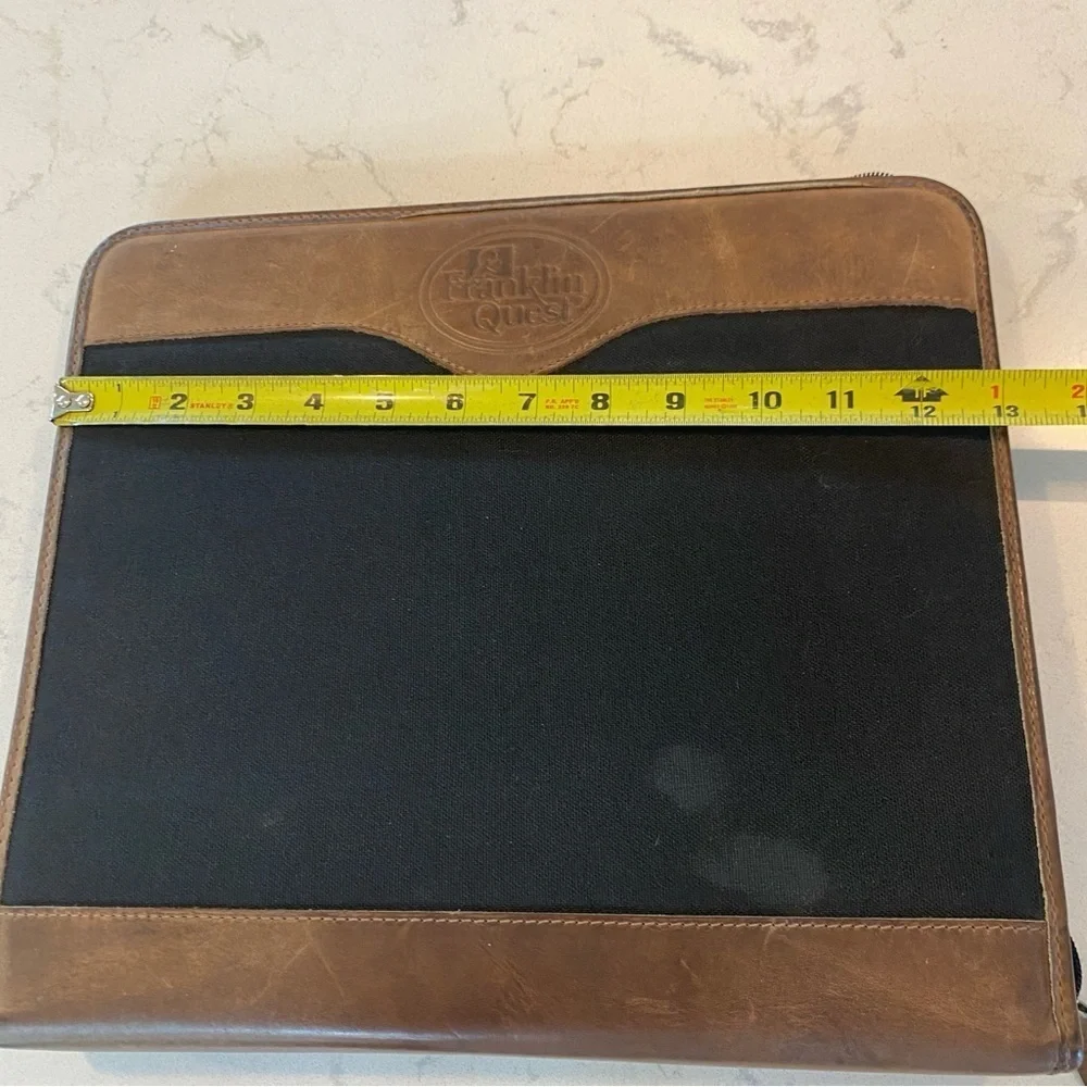 Franklin Quest Vintage Zip Planner Green Line Leather Trim & Canvas Zip Inserts