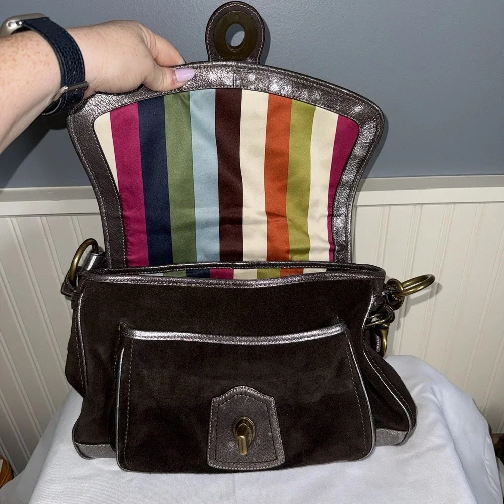 VTG COACH Y2K LEGACY ALI BROWN SUEDE METALLIC FLAP HOBO SHOULDER BAG PURSE
