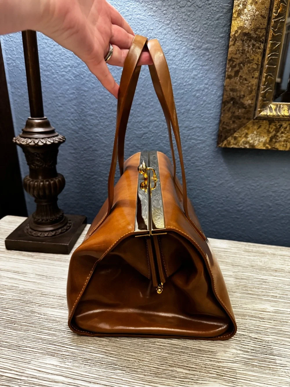 Alberta Di Canio Stecca Tan Leather Satchel with Gold Hardware