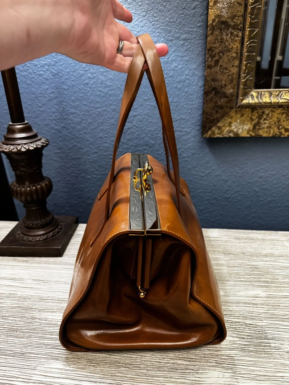 Alberta Di Canio Stecca Tan Leather Satchel with Gold Hardware