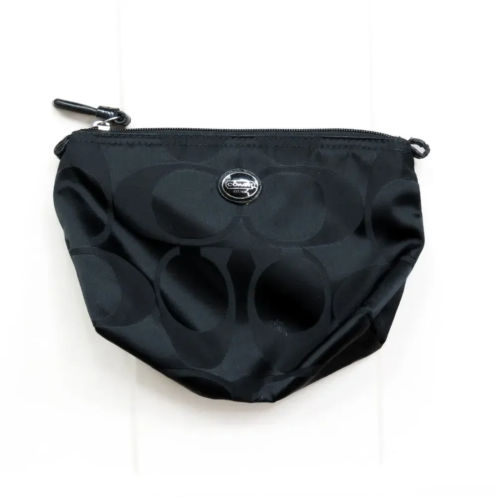 Coach Black Cosmetic Case Makeup Bag Signature CC Logo Pattern Nylon Pouch