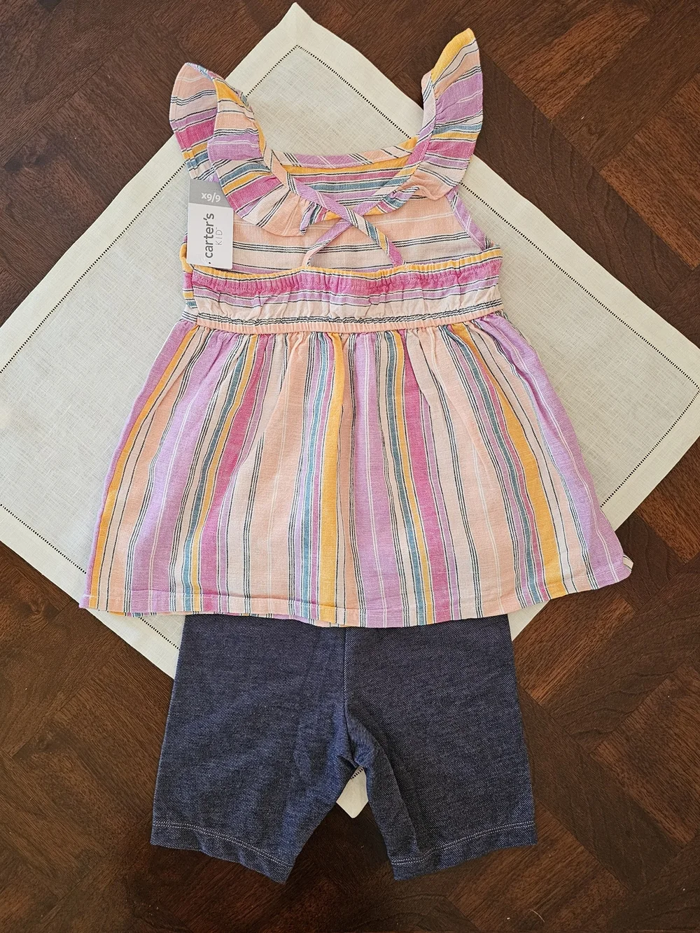 Carter's GIirls 2-Piece Striped Flutter Top & Knit Denim Shorts 6/6X