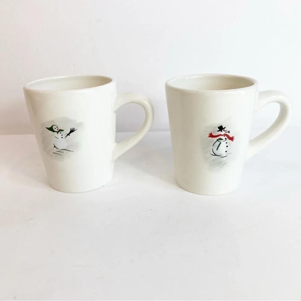 Retired Williams Sonoma Snowman Skiing Mugs~Set of 2 Christmas Winter Holiday