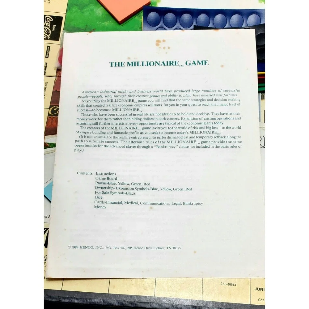 Vtg 1987 Millionaire Game Ruston LA Ltd Ed Board Game Jr High Fundraiser 87 READ