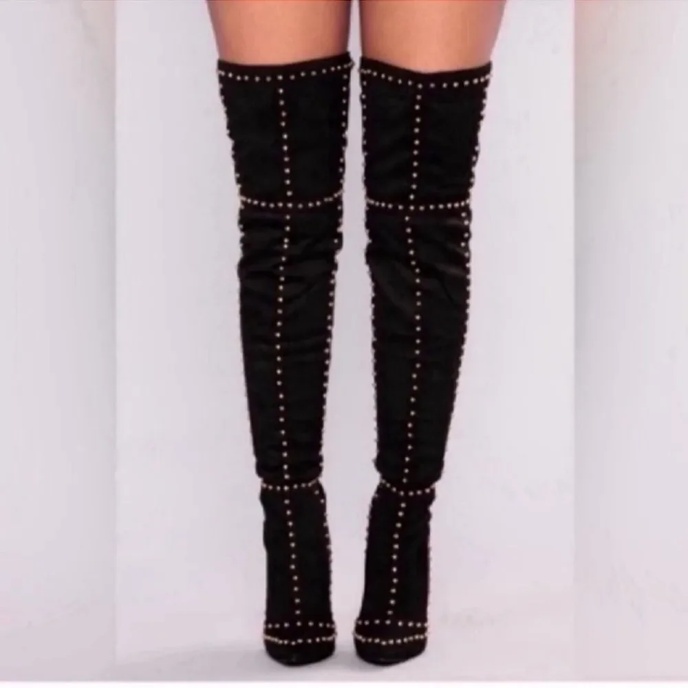 Black Faux Suede Studded Knee High Boots Size 36