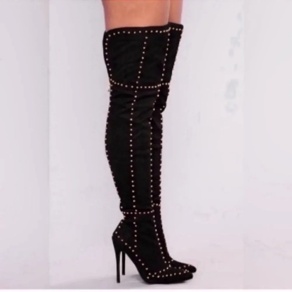 Black Faux Suede Studded Knee High Boots Size 36