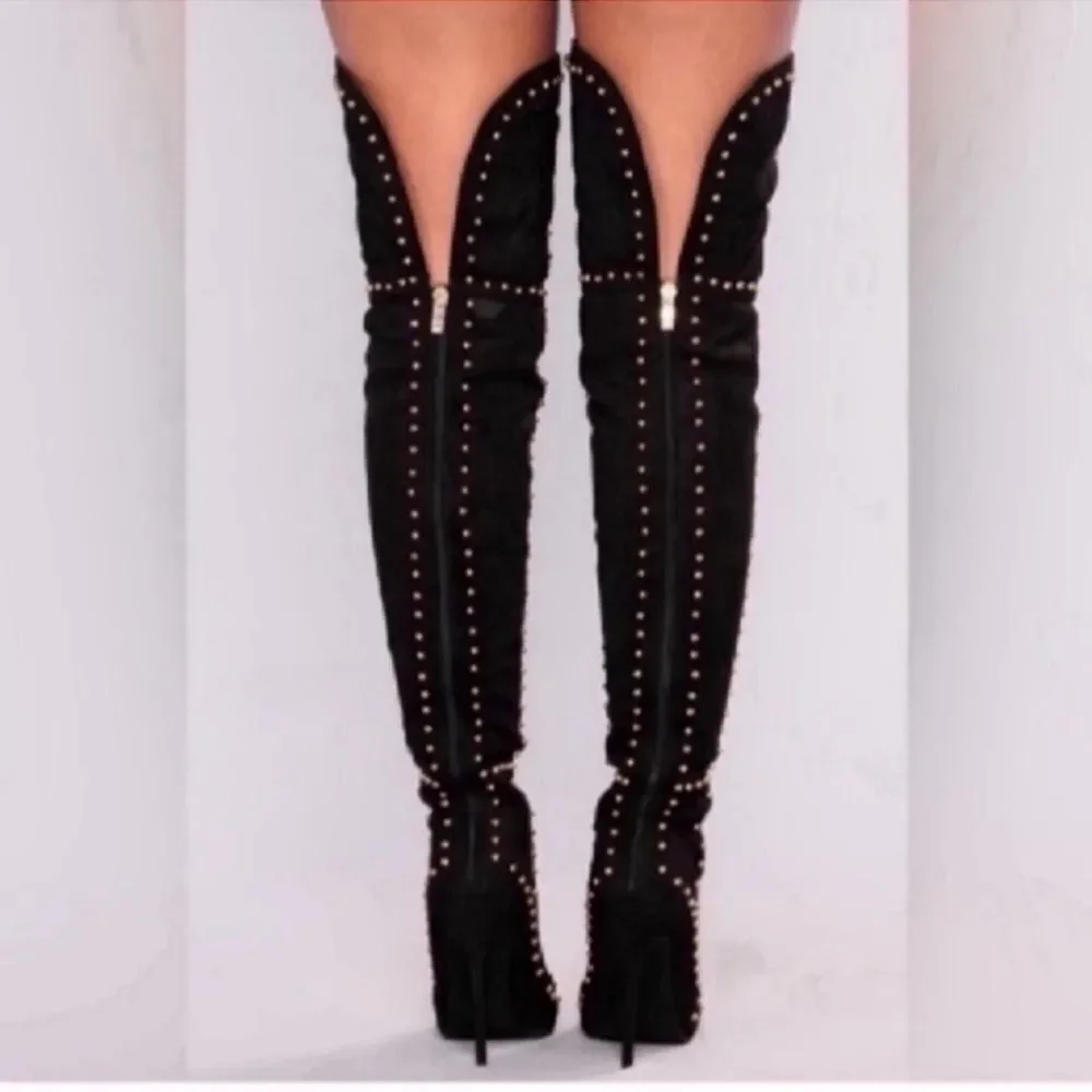 Black Faux Suede Studded Knee High Boots Size 36