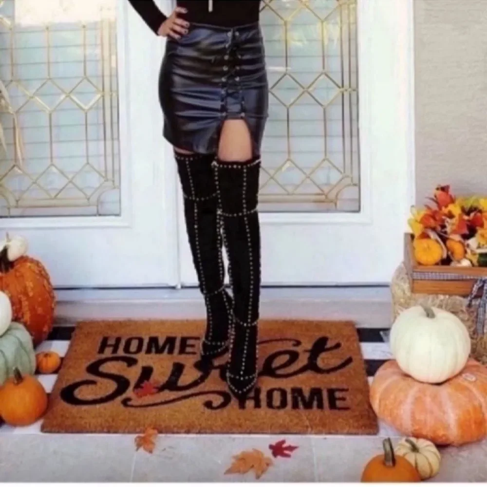 Black Faux Suede Studded Knee High Boots Size 36