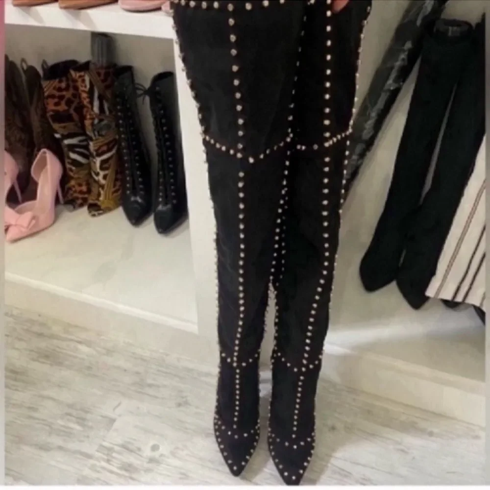 Black Faux Suede Studded Knee High Boots Size 36