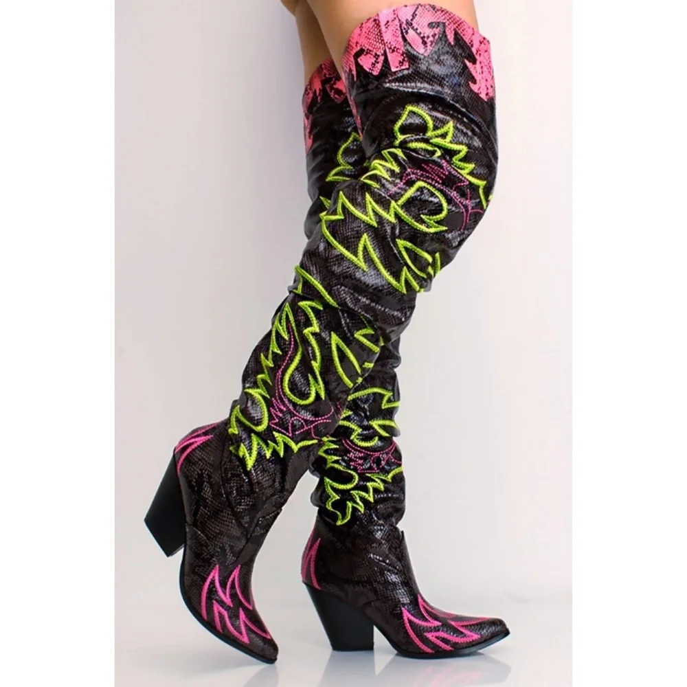 Sarah Siah Black Over-the-Knee Boots with Neon Green and Pink Embroidery