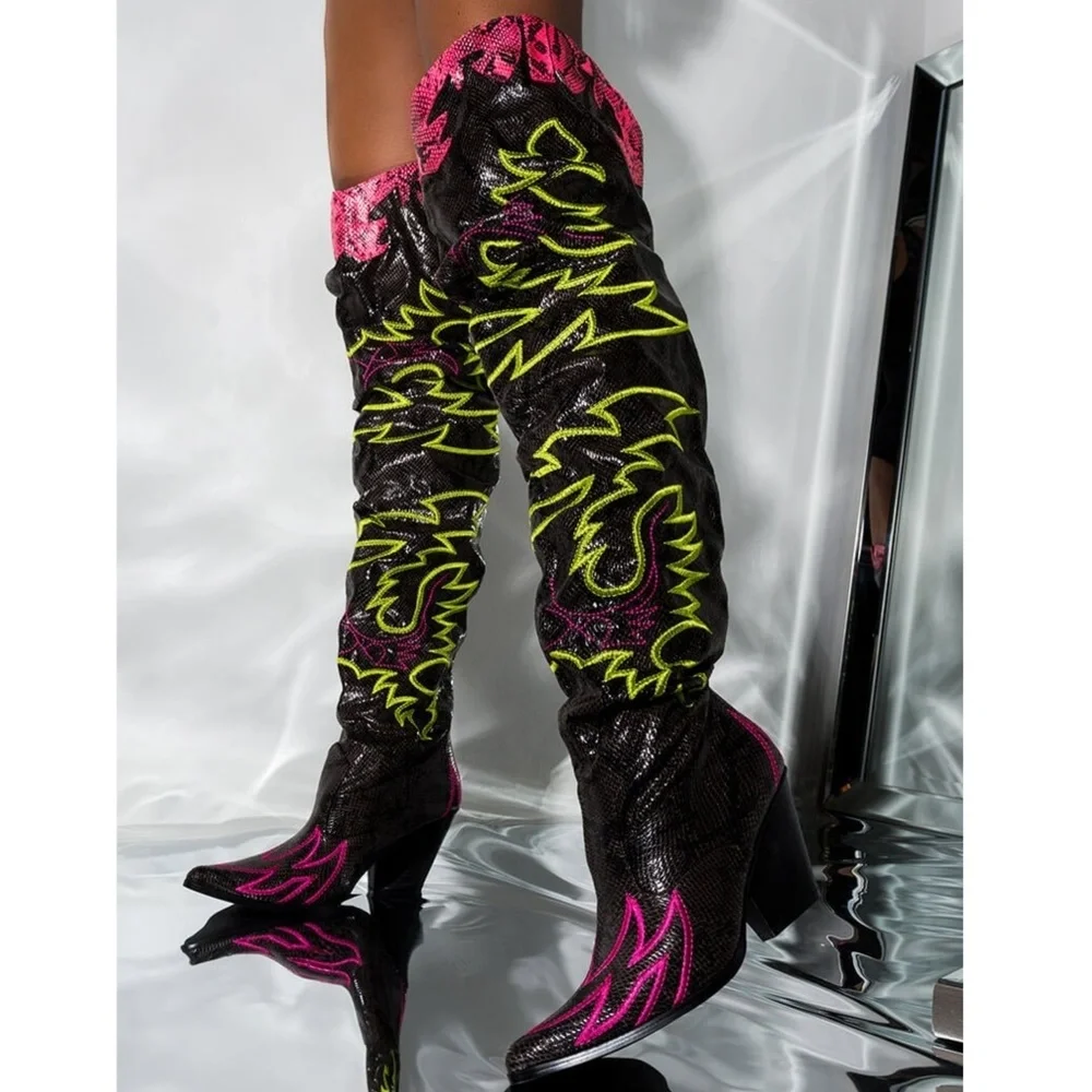 Sarah Siah Black Over-the-Knee Boots with Neon Green and Pink Embroidery