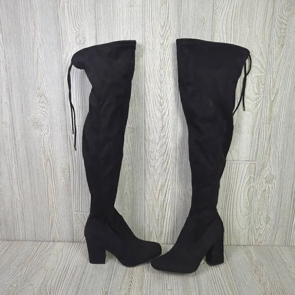 Unisa Black Over The Knee Stretch Heeled Boots Size 7 Medium Faux Suede