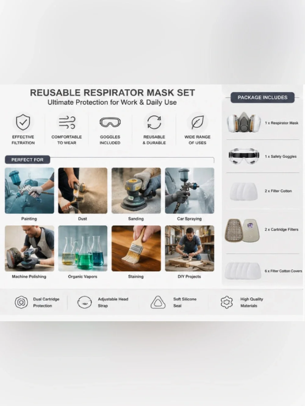 Gray Dual-Filter Respirator Mask with Clear Safety Goggles