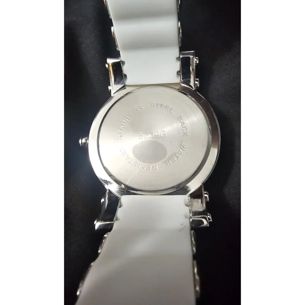 53.1mm LARGE Quartz Analog Watch Metal Tone with white Silicone bullet band