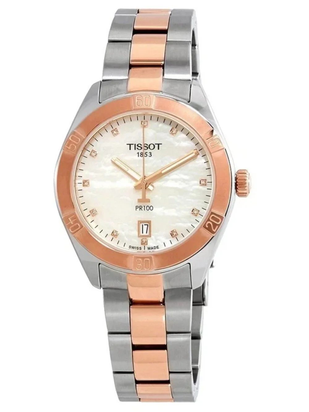 Tissot PR100 Diamond 36mm Two Tone MOP Dial Womens Watch Swiss Quartz