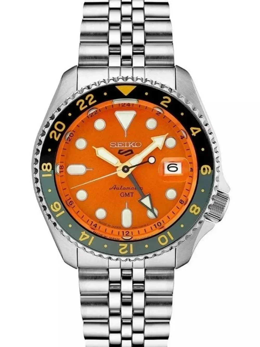 Seiko 5 Sports SSK005 Automatic GMT Orange Dial Mens Watch 43mm Steel Bracelet