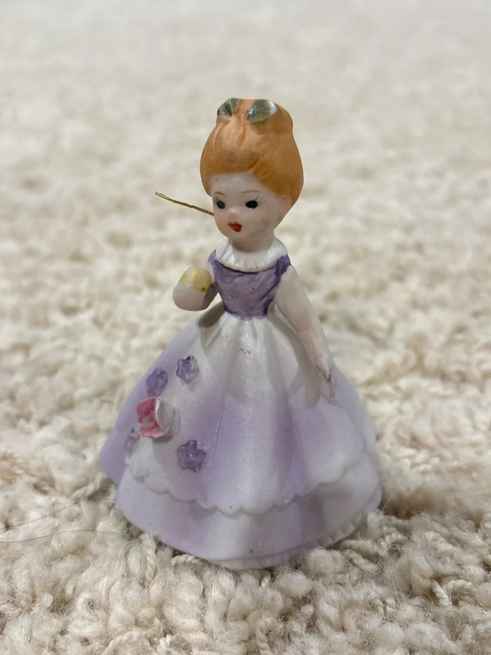 Vintage 1960s Japanese Miniature Porcelain Woman Lady Bell Purple Dress Floral