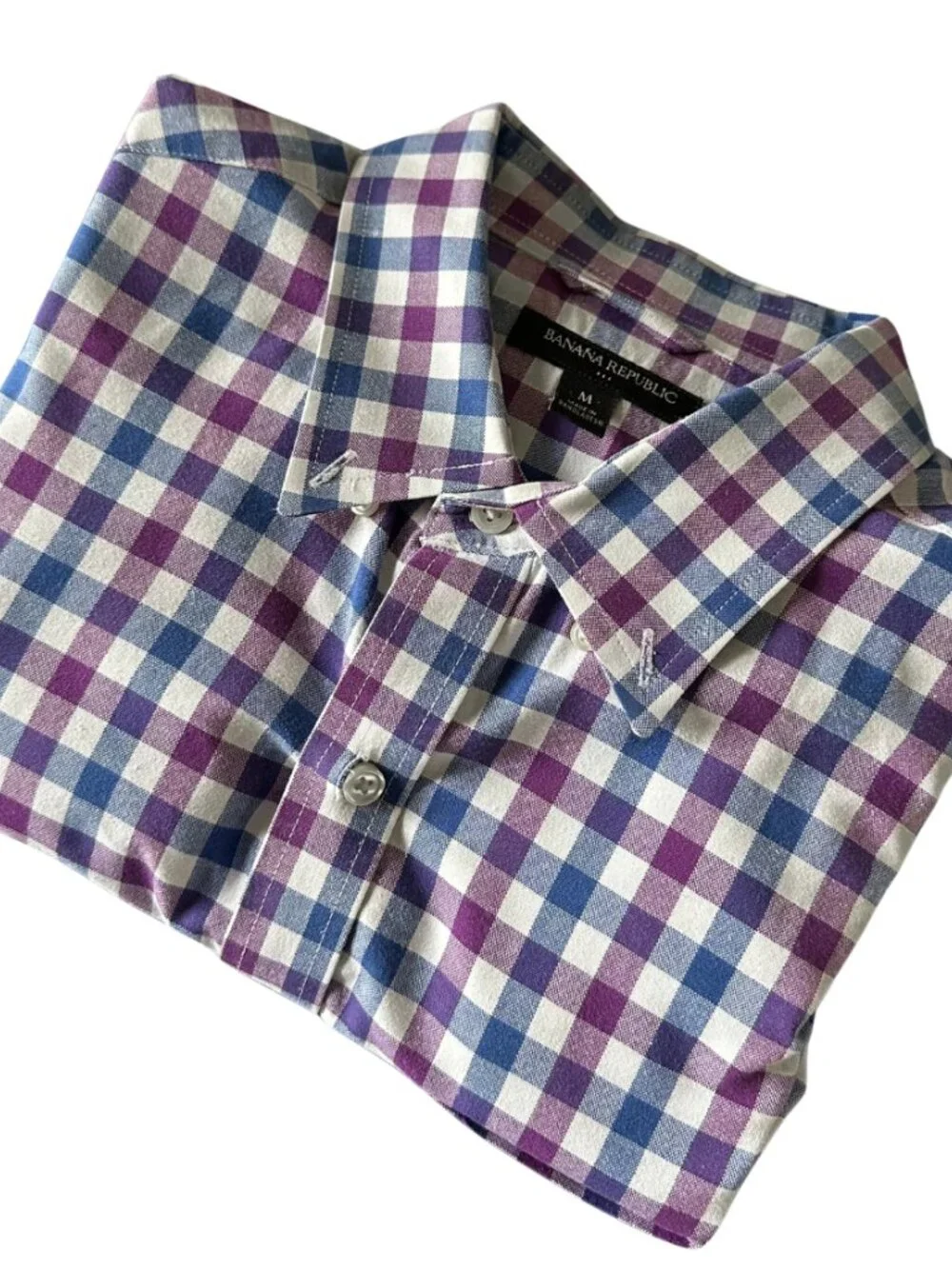 Banana Republic Mens Gingham Plaid Long Sleeve Button Down Shirt Purple