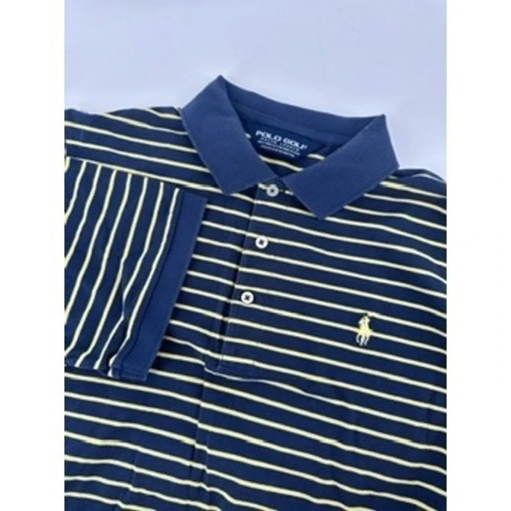 Polo Golf Ralph Lauren Medium Navy Yellow Striped Polo Shirt Men's‎ Short Sleeve