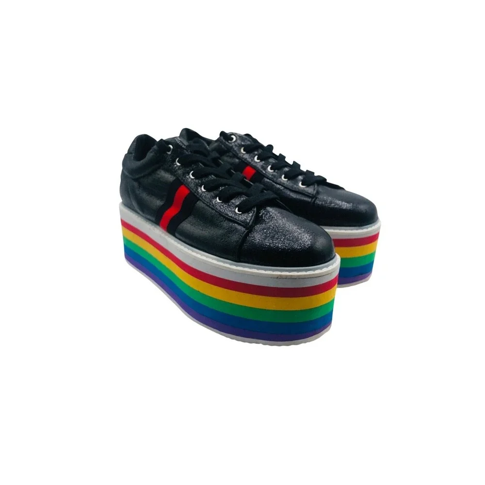 CAPE ROBBIN SUPER PLATFORM BLACK‎ FAUX LEATHER LACE UP RAINBOW PLATFORM SIZE  9