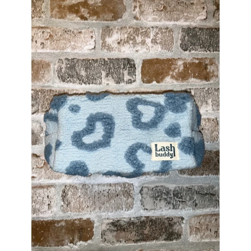Lash Buddy Sherpa Fleece‎ Makeup Bag Blue Heart Leopard Print Cosmetic Pouch