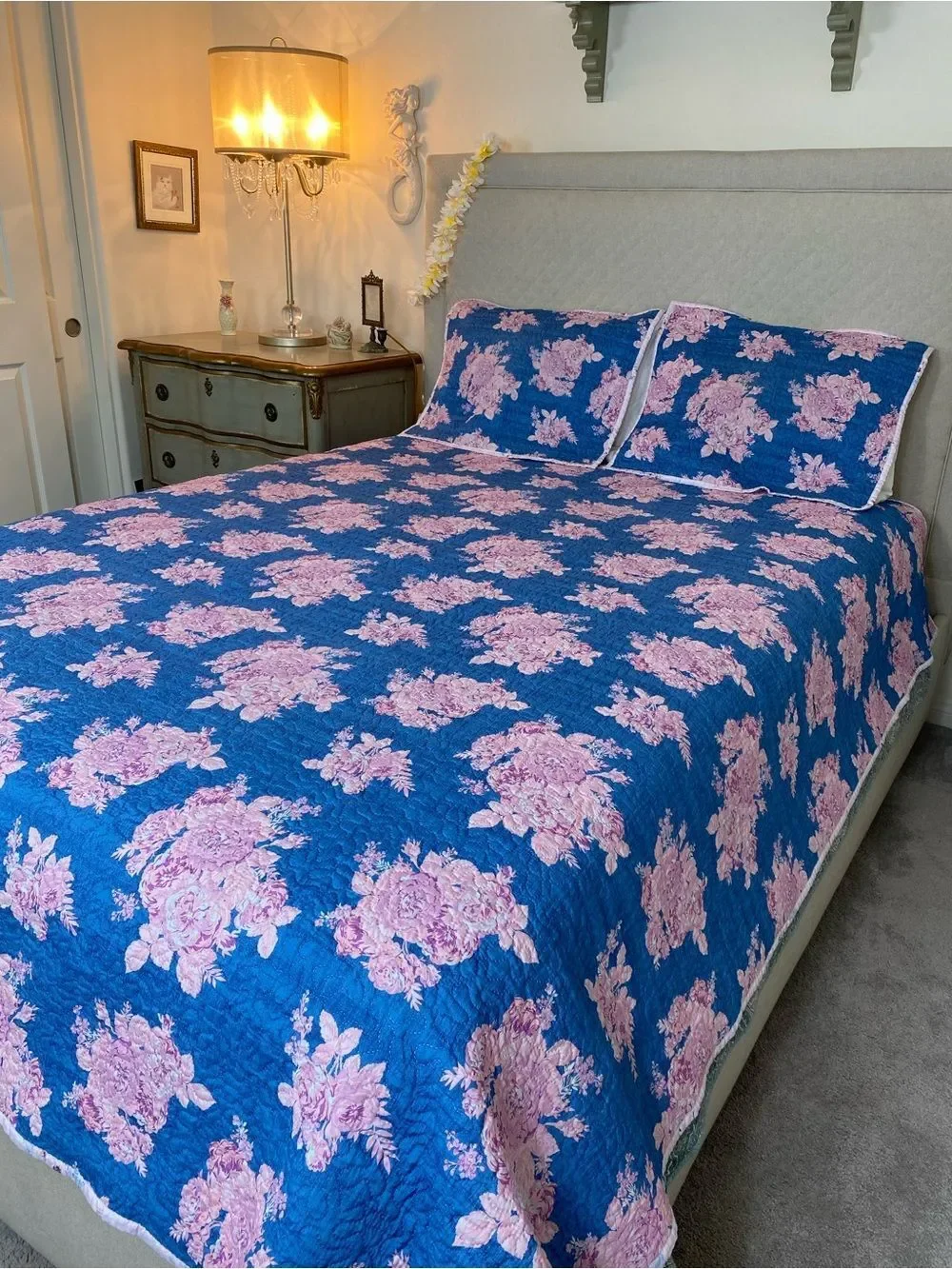 Shabby Chic Blue and Pink Floral Comforter Set