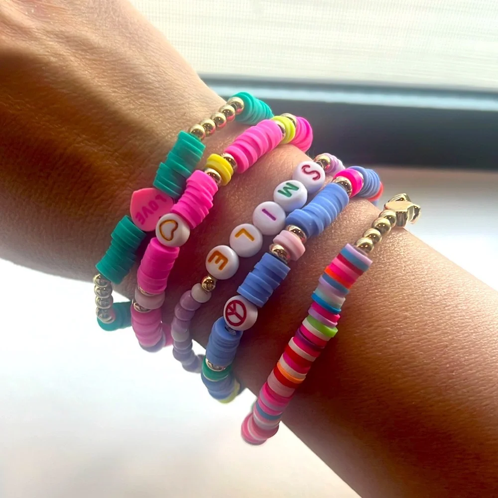 Cheerful set of brightly‎ colored beaded elastic friendship bracelets