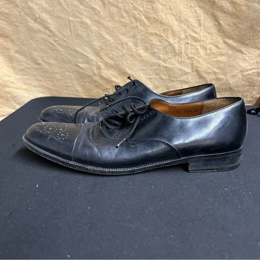 Salvatore Ferragamo Shoes Men 10.5 Black Cap-Toe Oxford Leather Vtg Professional