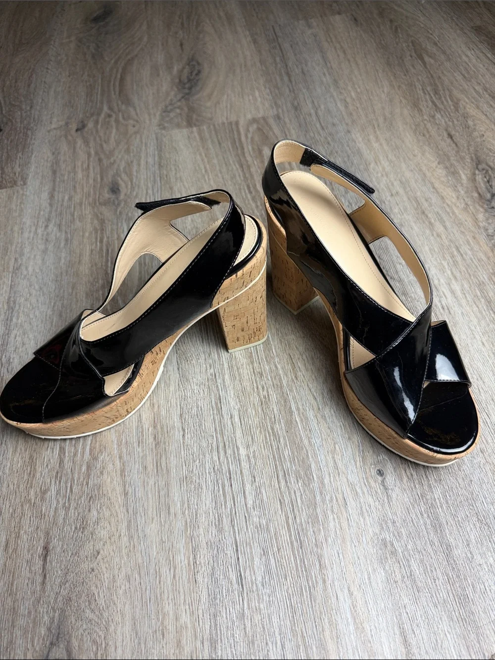 Calvin Klein Black Patent Cork Platform Block Heel Sandals Size 10B