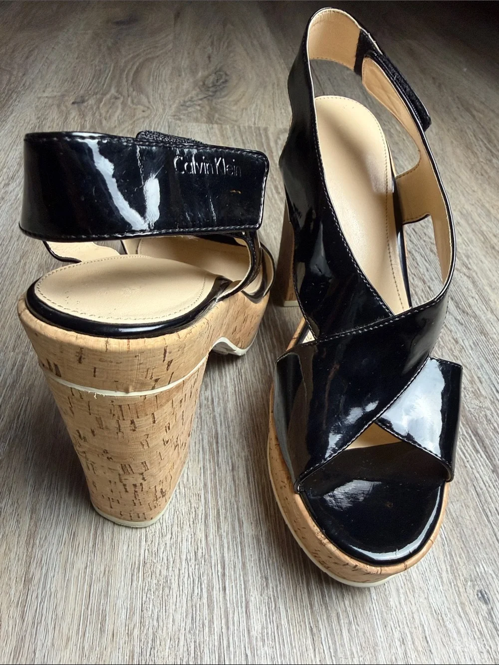 Calvin Klein Black Patent Cork Platform Block Heel Sandals Size 10B