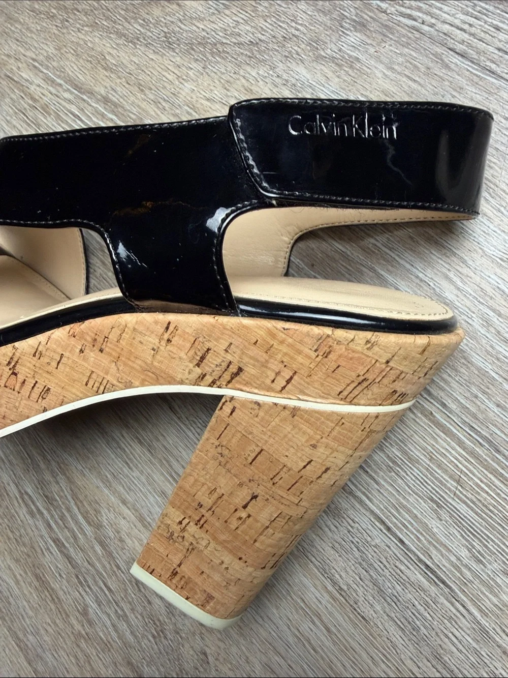 Calvin Klein Black Patent Cork Platform Block Heel Sandals Size 10B