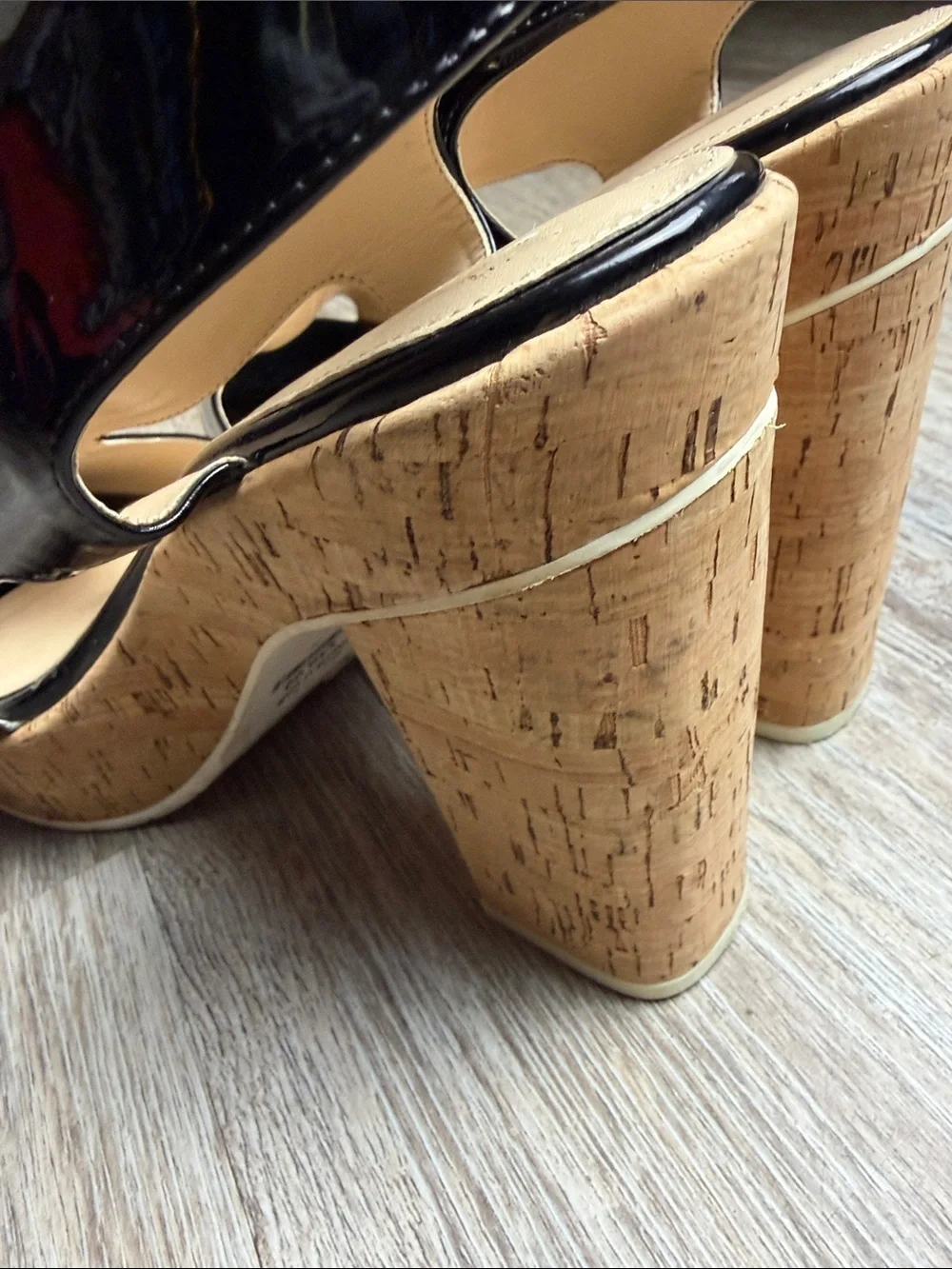 Calvin Klein Black Patent Cork Platform Block Heel Sandals Size 10B