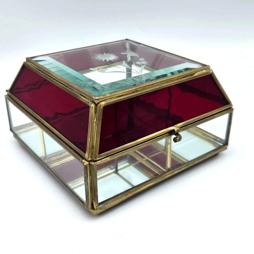 Vtg Glass & Brass Domed Jewelry Box Red Clear Casket Mirrored Bottom Beveled Top
