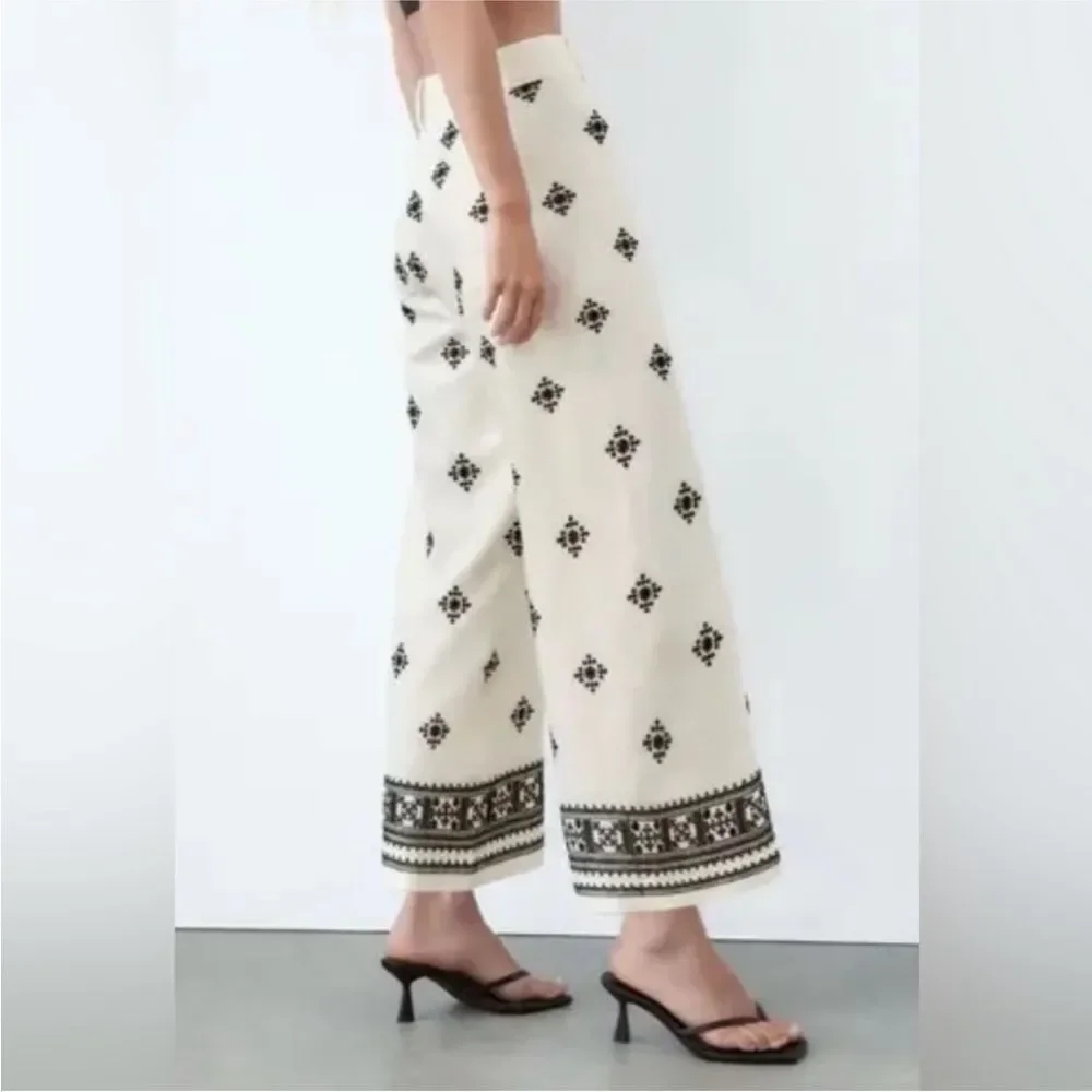 Zara embroidered linen white black wide leg high rise pant large