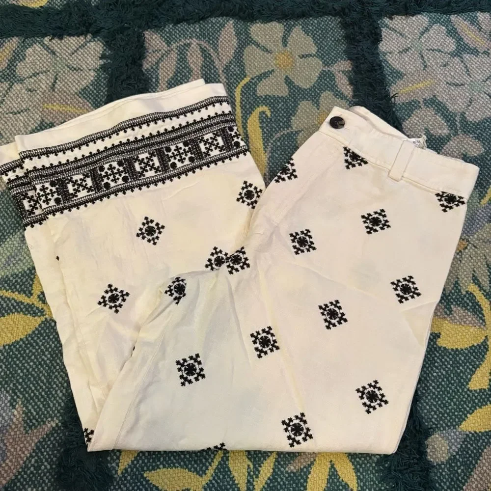 Zara embroidered linen white black wide leg high rise pant large