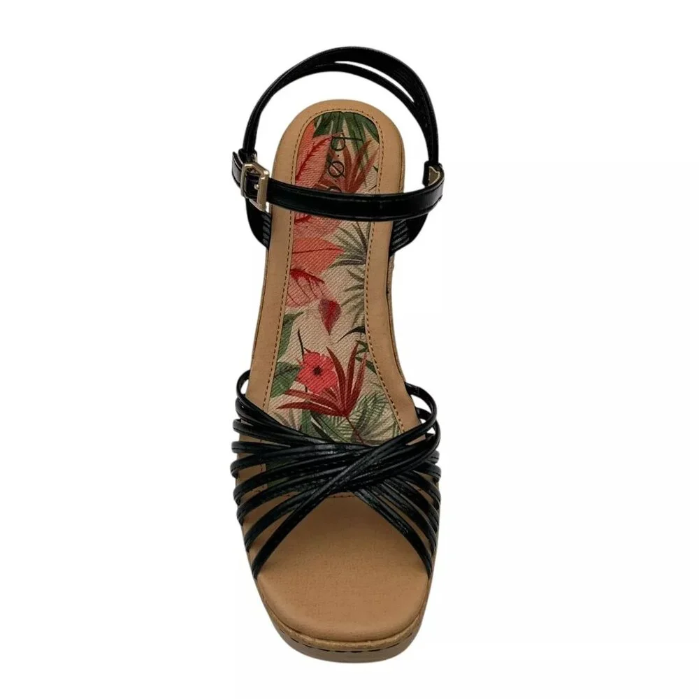 BOC Catalina Women's Platform Wedge Sandal Size 7 Black/Tan Glossy Straps‎ Twist