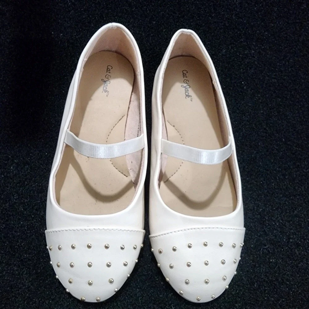 Cat Jack Girls White Studded Ballet Flats Shoes Kids Size 12‎