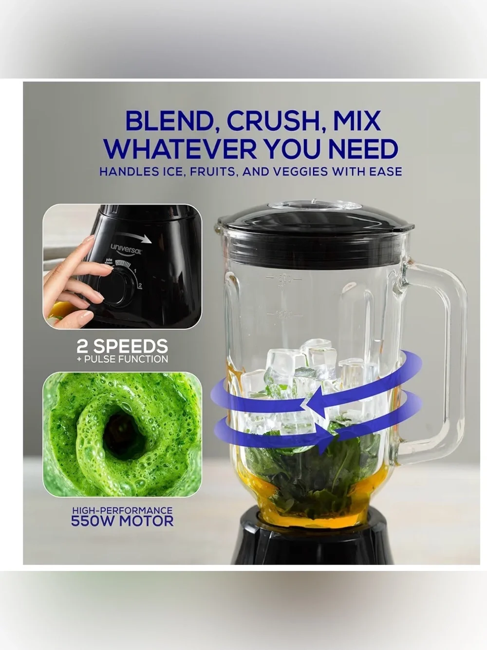 Universal Black Countertop Blender with Clear Glass Pitcher