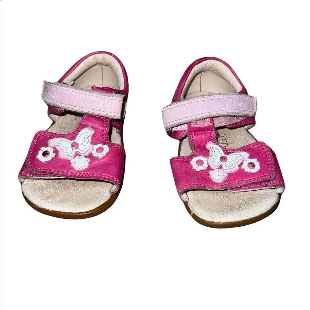 Clarks PInk White Floral Butterfly Strappy Sandals Toddler Girl 4.5 EUC