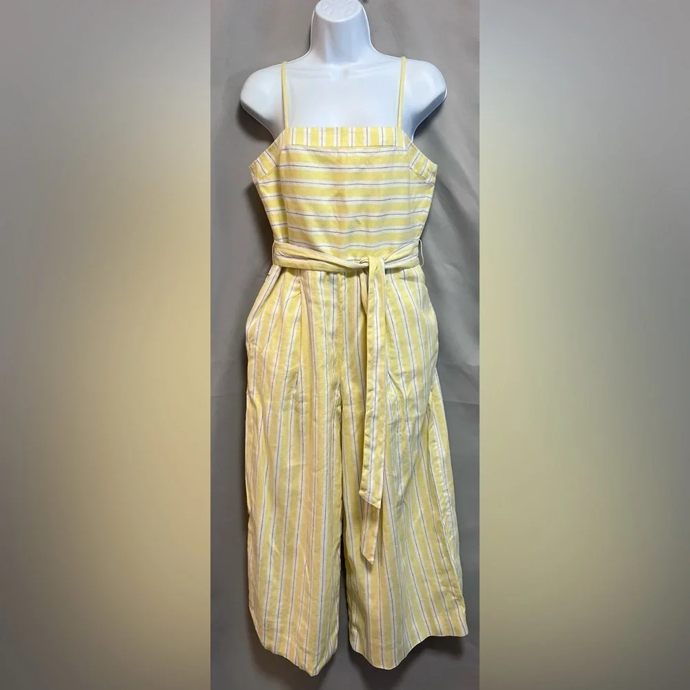 Banana Republic Women Yellow Stripe Linen-Cotton Cropped Jumpsuit‎ sz 4