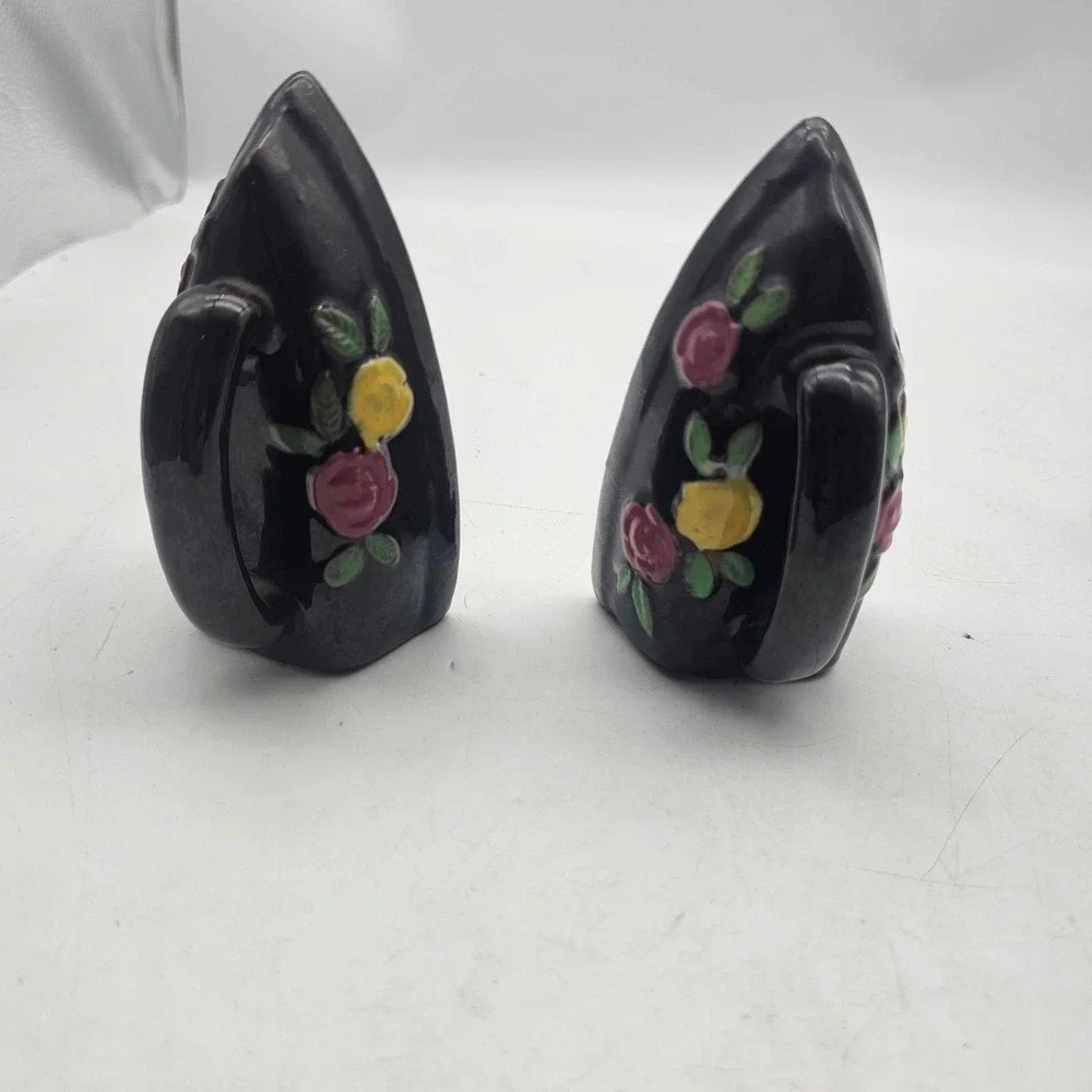 Vintage Black Ceramic Iron Salt & Pepper Shakers Floral Roses Small Set Of 2