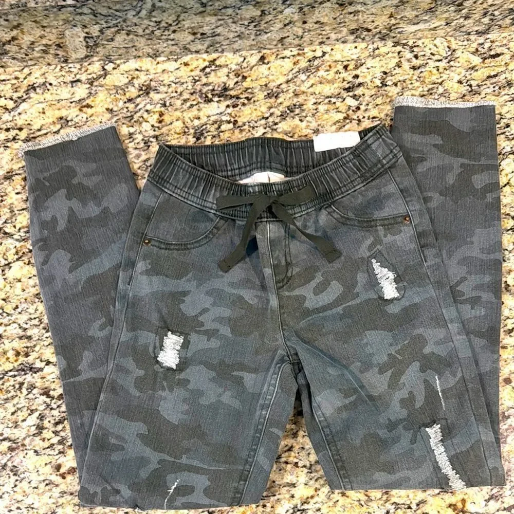 Justice Gray Camouflage Kids Jeans jeggings soft comfy stretchy tie waist sz 10